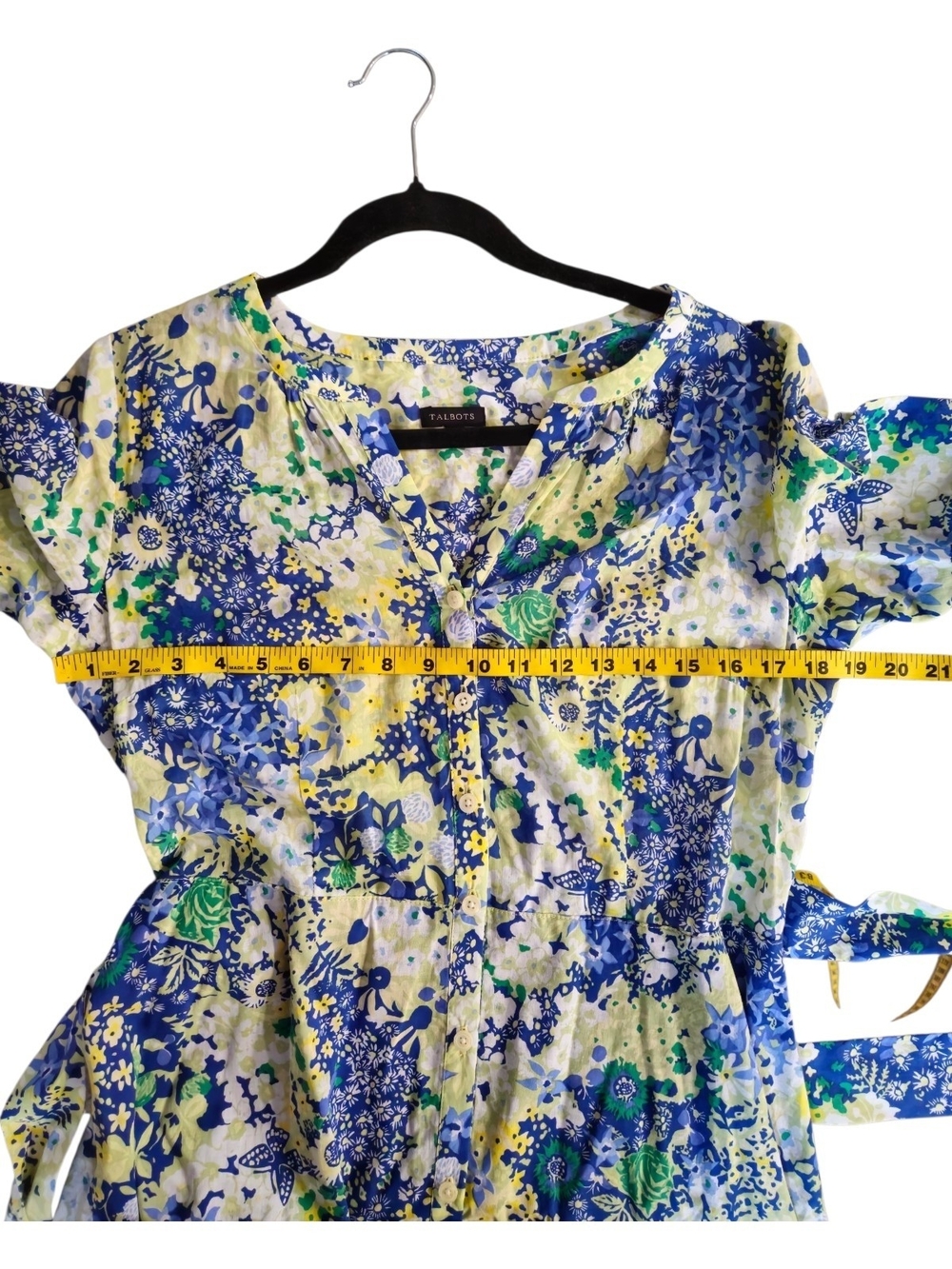 Talbots Blue & Green Floral Tie-Waist Midi Dress Size M 100% Cotton - Picture 9 of 10